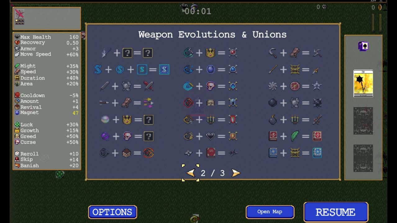 Screenshots showing off a range of weapons in Vampire Survivor.